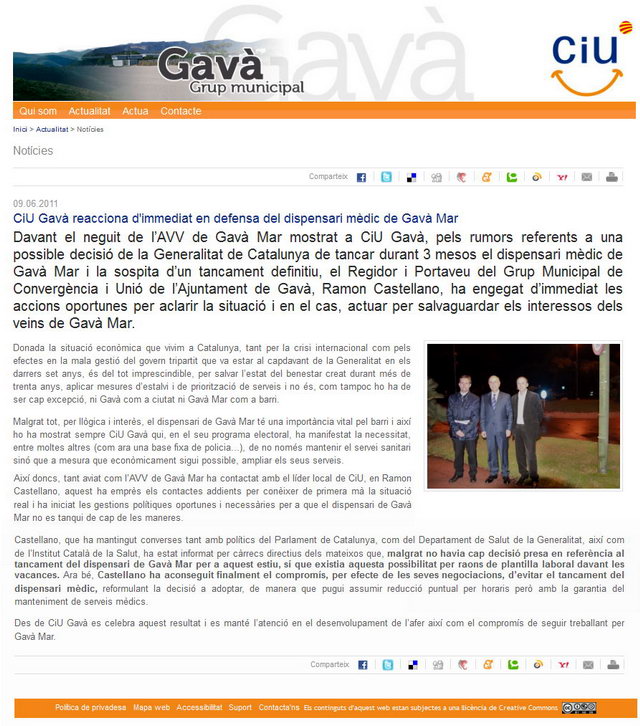 Informaci publicada a la web de CiU-Gav explicant les gestions realitzades per Ramon Castellano per evitar el tancament del dispensari mdic de Gav Mar (9 Juny 2011)
